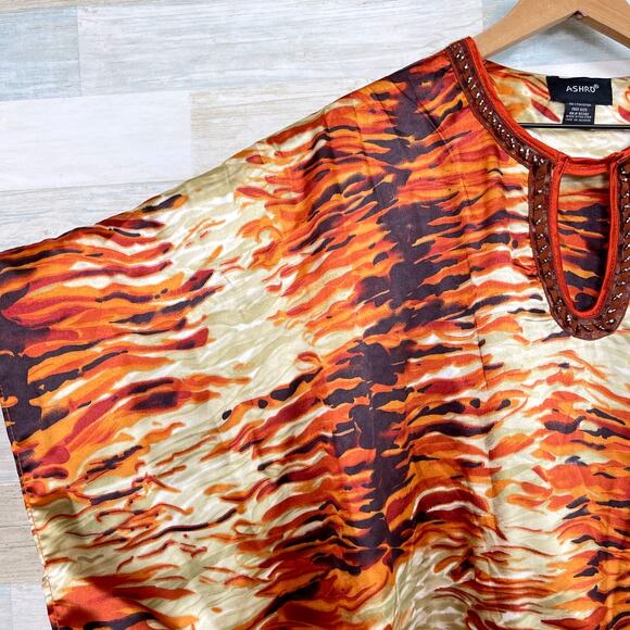 ASHRO Animal Print Kimono Kaftan Maxi Dress Brown Orange Womens Free One Size OS - Picture 3 of 6